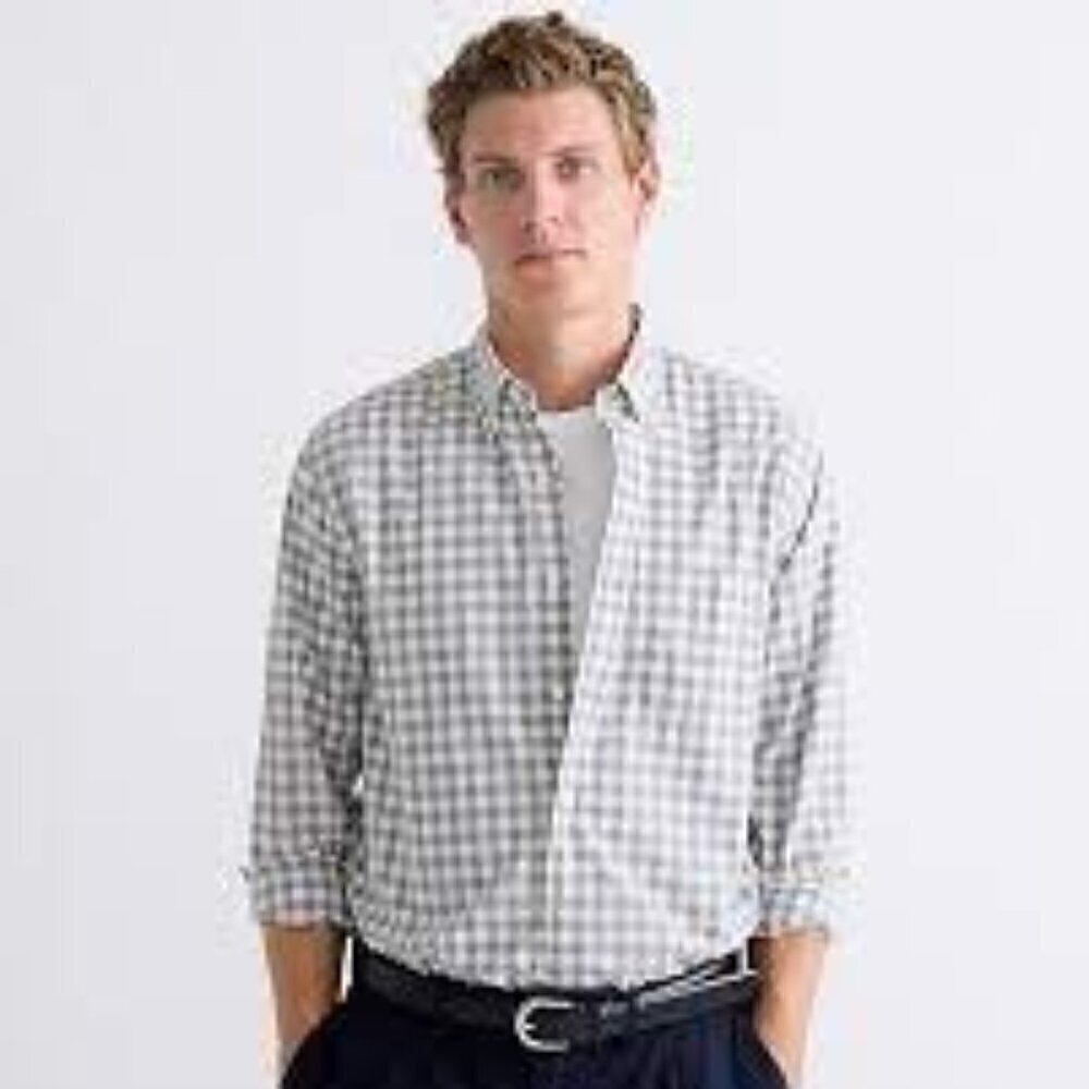 J. Crew Secret Wash Slim Fit Gray White Check Shirt XL Organic Cotton Preppy NWT